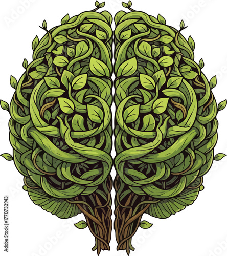 Green Botanical Brain Vector Illustration Formed from Leaves and Vines in Eco Nature Concept Design