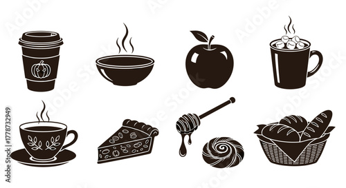 Autumn Harvest Feast: Enjoying Cozy Fall Treats and Drinks, Representing Seasonal Abundance, Thanksgiving, Warmth, and Comfort. Perfect for Holiday Designs, Marketing, Festive Events, & Advertising, f