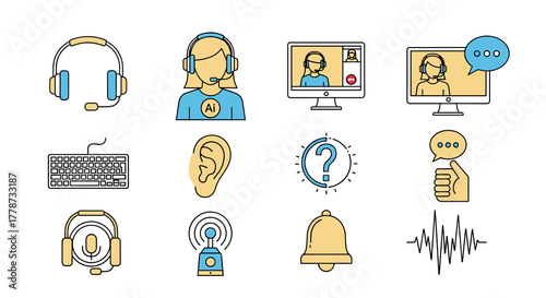 Modern Artificial Intelligence Assistant Concept: Customer Support Agent with Headset Providing Online Communication, AI Chatbot, Virtual Assistant, Helping Resolve Issues, Tech Support, Using Keyboar