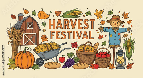 Rustic Harvest Festival Illustration with Autumn Bounty, Farm Barn, Scarecrow, Pumpkins, and Cornucopia Displayed in a Wheelbarrow and Baskets for Seasonal Celebration, Thanksgiving, Graphic Design, D