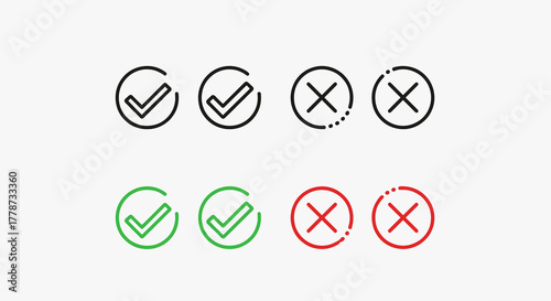 Confirmation & Rejection: Approval Checkmarks and Decline Crosses Set for User Interface Design, Web Graphics, or Presentations. Modern Minimalist Style for Business, Technology, and Education. Valida