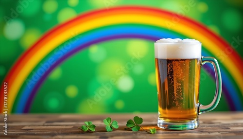 Festive St Patricks Day Scene with Beer Clovers and Rainbow