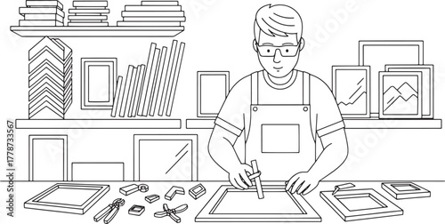 Picture Framer at Work: Artisan Crafting Custom Frames in a Workshop Line Art Illustration