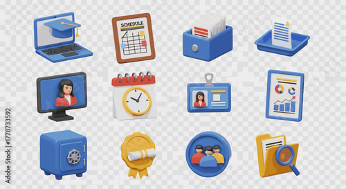 3D Learning Icons Rendering for Modern Business Presentation, Education, and Technology Projects; Featuring Laptop, Calendar, Schedule, Documents and Charts for Corporate Success, Teamwork, and Safe D