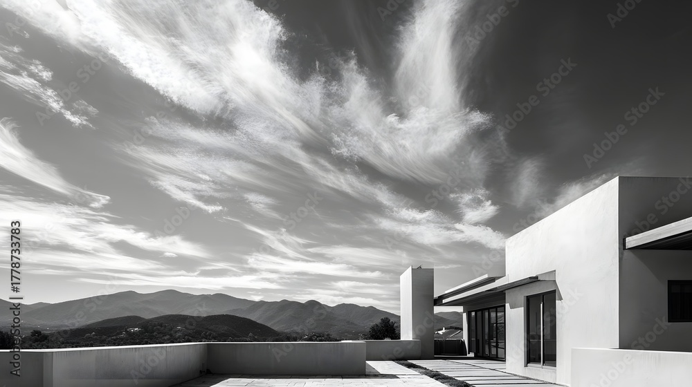 Obraz premium Modern minimalist residence features stark white walls contrasted against a dramatic sky over distant hills
