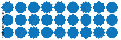 Set of yellow star burst shape tags for price. Circle sticker. Wavy edge promo badges. Blank sale stickers collection. Star vector icons.