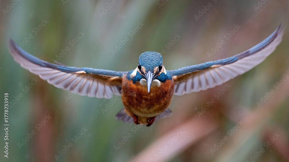 Naklejka premium Kingfisher flying at me with fish. Kingfisher flys straight at the camera showing off