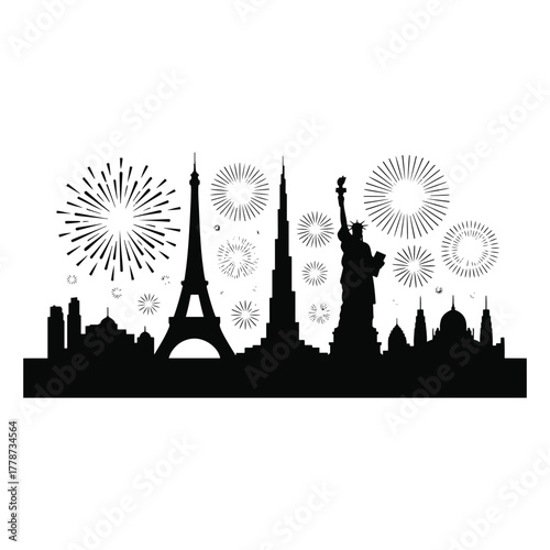 Black silhouette skyline of famous landmarks with fireworks celebration Eiffel Tower Statue of Liberty