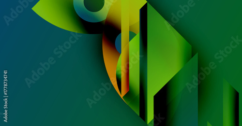 Abstract geometric shapes blend vibrant greens, oranges, blues. Dynamic composition creates modern visual impact. Smooth gradients define forms.