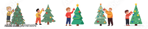Christmas Tree Decoration Boys Kids Flat Vector Illustration Set
