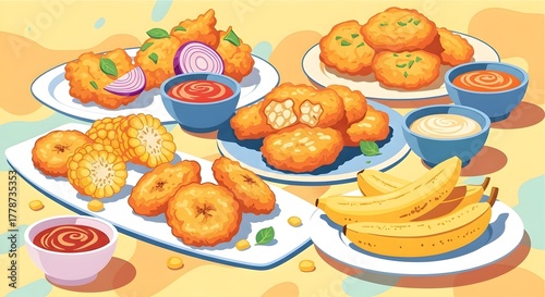 Vibrant Digital Illustration of Various Fritters with Dipping Sauces