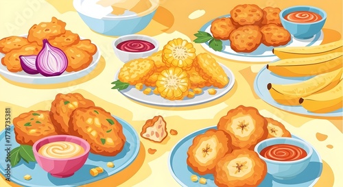 Vibrant Digital Illustration of Various Fritters with Dipping Sauces