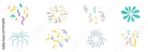 Firework Chalk hand drawn star blink, firework, glitter silhouette and glowing symbols in sketch style set. Confetti doodle grunge simple decoration.