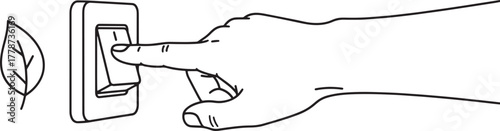 Green Energy Saving: Hand Turning Off Light Switch with Leaf Icon