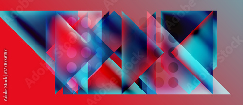 Abstract geometric composition. Blue, red hues dominate. Overlapping triangles, circles create dynamic visual effect. Modern design.
