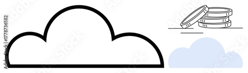 Black outlined cloud with stacked coins and blue cloud gives concept of online storage, saving, and economy. Ideal for tech, finance, data security, investment, cloud storage, fintech and digital