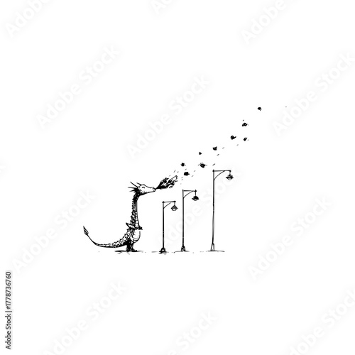 Dragon blowing fire at street lamps illustration black and white fantasy art drawing design concept art