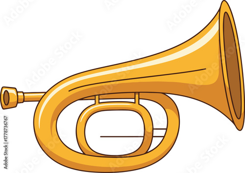 A stylized vector illustration of a polished, golden brass instrument resembling a bugle or simple horn, featuring a mouthpiece, curved tubing, and a flared bell, 