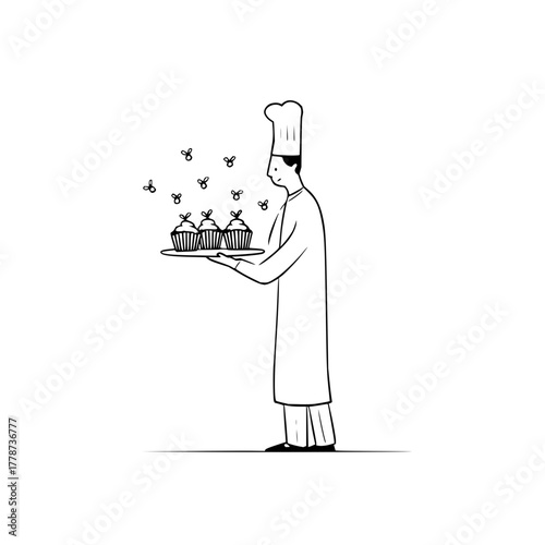 Chef holding cupcakes vector illustration bakery dessert pastry sweet food kitchen cooking recipe delicious 100