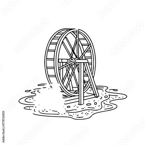 Illustration of a water wheel for renewable energy generation and sustainable power source with black lines