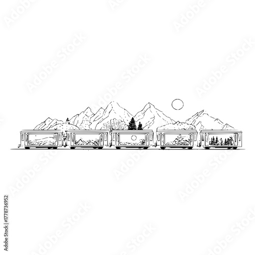 Mountain landscape terrarium train drawing vector art for nature lovers and creative hobbyists design element