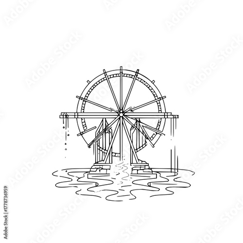 Water wheel illustration drawing vintage mill machinery river energy black and white line art diagram graphic