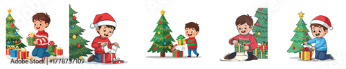 Excited Boy Opening Christmas Gifts Flat Vector Illustration