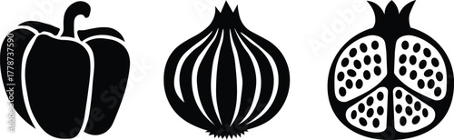Vegetable and fruit icon silhouette collection black vector set including bell pepper onion and pomegranate illustrations