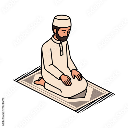Illustration of a Muslim man praying on a rug, depicting religious devotion and cultural practice