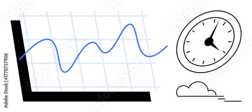 Chart with rising line, analog clock, and cloud representing growth, analytics, time management, goals, efficiency, performance monitoring, and adaptability in a simple flat metaphor