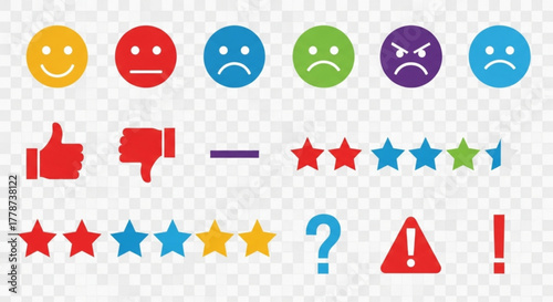 Illustration of various feedback icons including faces, thumbs, stars, and symbols shown created with generated ai