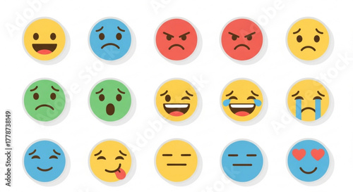 Collection of fifteen emoji icons displaying various expressions and emotions on a white background created with generated ai