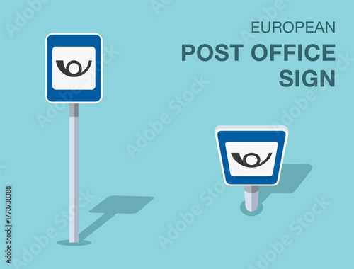 Traffic regulation rules. Isolated european "post office" road sign. Front and top view. Flat vector illustration template.