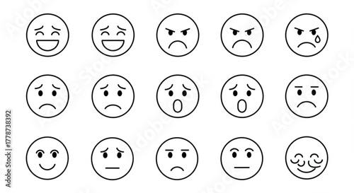 Fifteen different facial expressions depicted as simple black and white line drawing emoticons in a grid layout created with generated ai