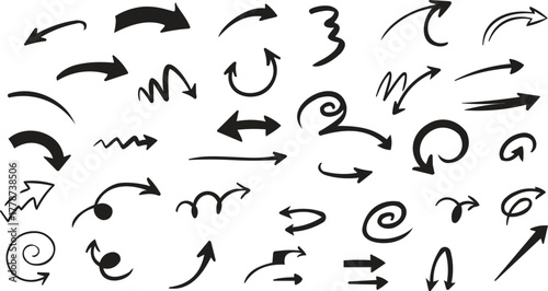 A Diverse Vector Collection of Hand-Drawn, Doodle-Style Arrows, Swirls, and Directional Pointers in Black Silhouettes for Creative Design and Annotation