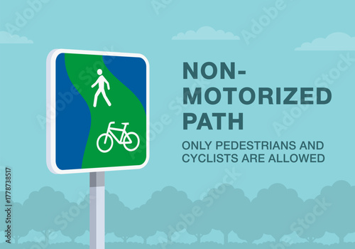Safe driving tips and traffic regulation rules. Close-up of european "greenway for pedestrians and cyclists" sign meaning. Non-motorized path. Flat vector illustration template.