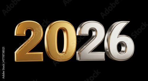 A shiny depiction of the year two thousand and twenty six with gold and silver numbers on black background created with generated ai