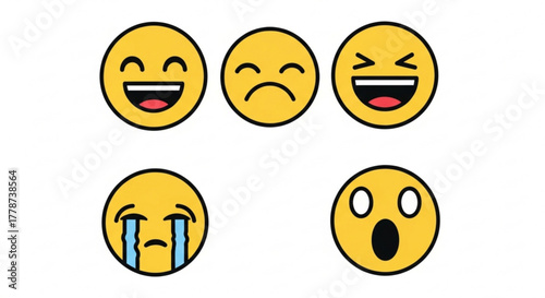 Collection of five yellow circular emoji faces expressing various human emotions and feelings shown here created with generated ai