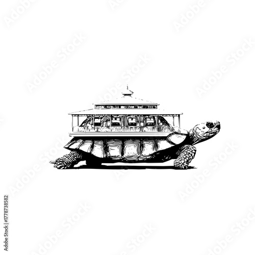 Turtle house illustration: whimsical tortoise carrying a building on its back detailed drawing art print