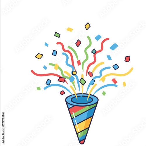 A cheerful cartoon vector illustration of a party popper, striped in red, yellow, and blue, actively bursting and ejecting a spray of small, colorful confetti pieces with thin outline details.