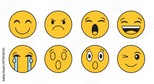 Collection of eight different yellow emoji faces expressing various emotions and feelings shown created with generated ai