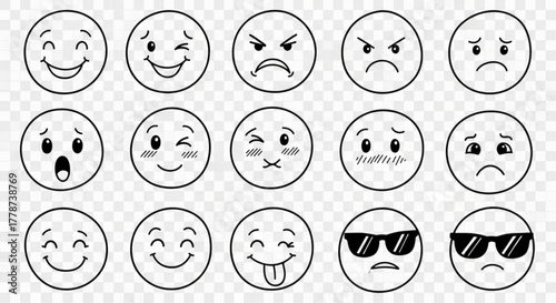 Collection of fifteen hand drawn emoticon faces expressing various emotions in black and white outline style created with generated ai