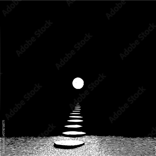 Explore the path to enlightenment: a black and white illustration of stepping stones to the moon at night