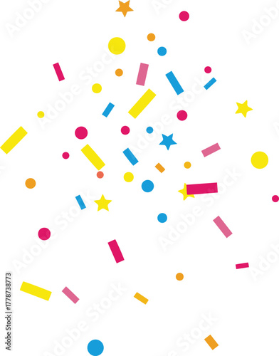 pattern illustrating falling confetti in various geometric shapes—circles, rectangles, and stars—rendered in vibrant colors including red, yellow, pink, and blue, creating a downward cascade effect.