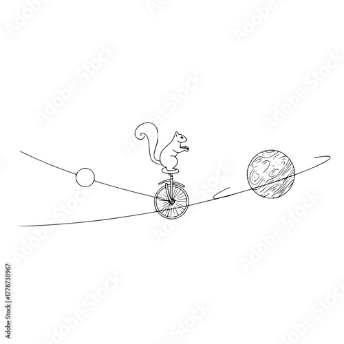 Squirrel unicycle tightrope walker balancing act illustration with planets and cosmic line art design