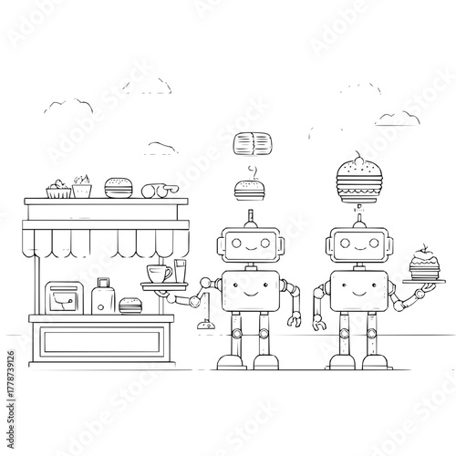 Robot food stall illustration serving burgers and desserts black and white line art vector drawing design
