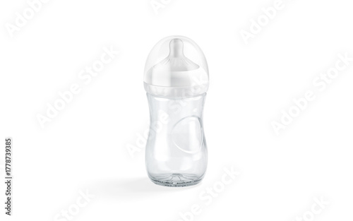 Blank glass baby bottle mockup, side view, transparent background, png, 3d rendering. Empty anti-colic nursing nipple for newborn mock up cut out. Clear teat for infant formula or breastfeeding.