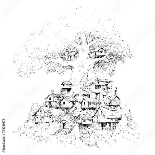 Explore fantasy treehouse village illustration art print and architectural drawing for home decor and design