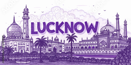 Lucknow Skyline Sketch with Cultural Heritage Touch for Tourism Promotion Featuring Rumi Darwaza, Bara Imambara, Chota Imambara, Ambedkar Park, and Clock Tower | Hand Drawn Cityscape Art Illustration
