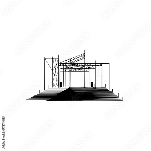 Architectural stage design drawing with stairs and metal structure for event performance venue design concept